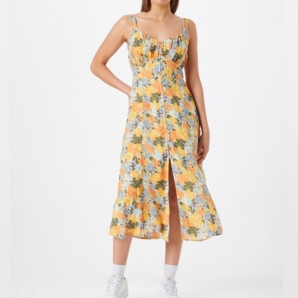 Abercrombie & Fitch Floral Gathered Front Midi Dress Women's Large Yellow - Picture 1 of 16